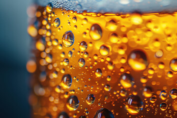 Poster - Water drops on a beer glass. Closeup of a beer glass. Fresh beer. Cold craft beer. Background image. Created with Generative AI technology.