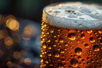 Poster - Water drops on a beer glass. Closeup of a beer glass. Fresh beer. Cold craft beer. Background image. Created with Generative AI technology.