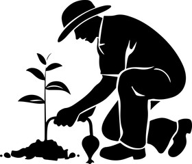 A strong silhouette of a farmer tilling the soil, depicting agriculture, cultivation, and rural life.