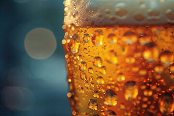 Poster - Water drops on a beer glass. Closeup of a beer glass. Fresh beer. Cold craft beer. Background image. Created with Generative AI technology.