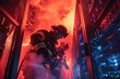 Firefighters extinguish a burning server room