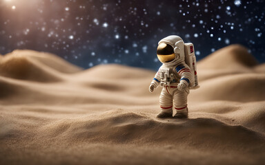 Wall Mural - a lone astronaut toy figure on a sandy surface against a starry sky background, symbolizing explorat