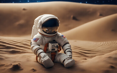 Wall Mural - a lone astronaut toy figure on a sandy surface against a starry sky background, symbolizing explorat