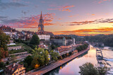 Fototapeta Mosty linowy / wiszący - Bern, Switzerland at Dawn on the Aare River