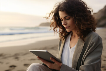 Poster - AI generated picture of person working remotely at the sea beach