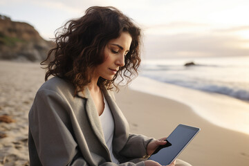 Poster - AI generated picture of person working remotely at the sea beach
