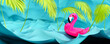 Summer background. Pink flamingo inflatable rubber on fluorescent blue water background. Trendy fluorescent summer concept design. 3D Rendering, 3D Illustration