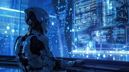 Computer programming wallpaper, computer programming images, A Robot programming on a computer screen, a futuristic computer scene