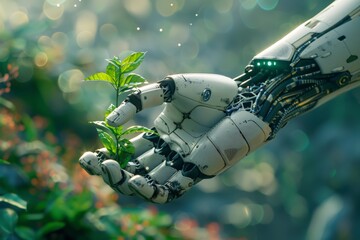 Poster - High-tech highlighting futuristic AI interfaces interwoven with sustainable technology systems, Robotic hand cradling young plant amidst lush flora, symbolizing nurturing technology's potential