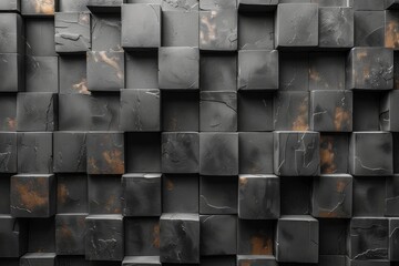 Poster - Stylish and modern 3D wall featuring a pattern of black ceramic blocks with a rough texture