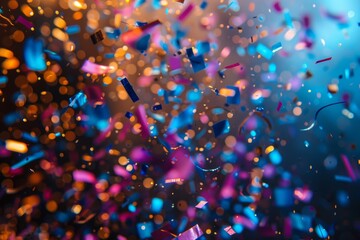 Poster - A vibrant capture of multicolored confetti pieces floating against a dark, bokeh light background