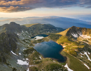 Wall Mural - Aerial panoramic view of Seven Rila lakes, sunrise and nature of mountain range, hiking, trekking and tourism in Bulgaria