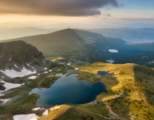 Wall Mural - Aerial panoramic view of Seven Rila lakes, sunrise and nature of mountain range, hiking, trekking and tourism in Bulgaria