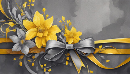 Wall Mural - Beautiful gift card or invitation background in dark grey and bright yellow colors in accents. Yellow flowers and grey ribbon on rough grey background