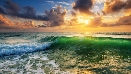 Wall Mural - Beautiful green sunrise wave and cloudscape over the sea, sunrise shot