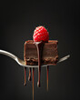 Delicious moist brownie topped with melting dark chocolate fudge with raspberry on top served on a fork with a black background.