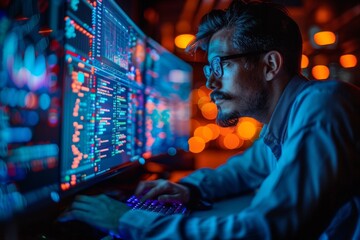 Wall Mural - A man is intensely focused on coding or data analysis on his computer, surrounded by glowing screens, with his face blurred for privacy