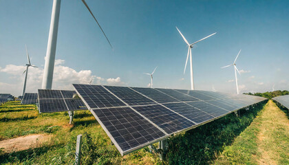 solar panel farm stands in an open field with wind turbines in the background, symbolizing the advancement of green energy and sustainable development. Beautiful green energy landscape