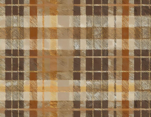 stylish plaid pattern in shades of brown, amber, wood, gold, peach, and beige. This versatile tartan design could be used as a sophisticated background