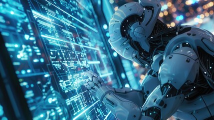 Computer programming wallpaper, computer programming images, A Robot programming on a computer screen, a futuristic computer scene