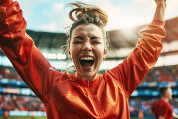 Cheerful female soccer player celebrating victory by raising hands and shouting out of joy on stadium