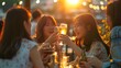 Warm Sunset Hues Enveloping Korean Young Women Sharing a Celebratory Toast and Laughter Under the Glowing Evening Light
