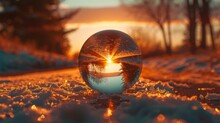 A Christmas Glass Globe Reflecting A Road Under The Sunset, Its Image Blurred