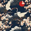 Traditional Japanese crane bird and cherry blossoms. seamless pattern