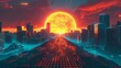 A dynamic 3D grid landscape featuring a neon sun and retro wave