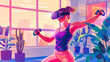 VR Erlebnis. Sportliche junge Frau, die Spaß mit Virtual-Reality-Brillen hat.