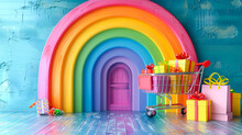 Shopping Cart Full Of Gifts And Bags. Beautiful Rainbow Background. Copy Space.