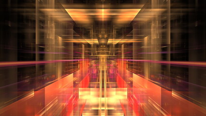 Poster - Symmetrical light streaks create an illusion of depth within a dark, mirrored passageway. 3d render