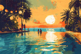 Fototapeta Tęcza - Illustration of beach party near pool on golden hour. Risograph style.