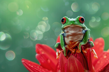 Wall Mural - Photo of a tree frog sitting on top of a red flower