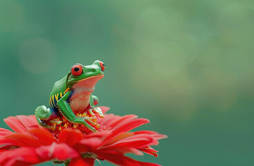 Wall Mural - Photo of a tree frog sitting on top of a red flower