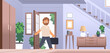 Happy guy with laptop bag came to house. Young man returned from work to home. Flat vector illustration