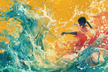 Wall Mural - Person in red interacting with dynamic blue and orange waves. Abstract energetic art on yellow background. Creative expression and motion concept for poster and wallpaper design