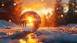 An enchanting 3D vector rendition of a Christmas glass ball reflecting a scenic road at sunset