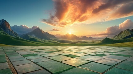 Sticker - Empty square floor and green mountain with sky clouds at sunset. Panoramic view, adorned with wispy clouds, forming a captivating panoramic tableau of nature's beauty