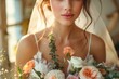 close up flower wedding posy bouquet holding by gorgeous bride in pretty gown , wedding ceremony theme concept, Generative Ai