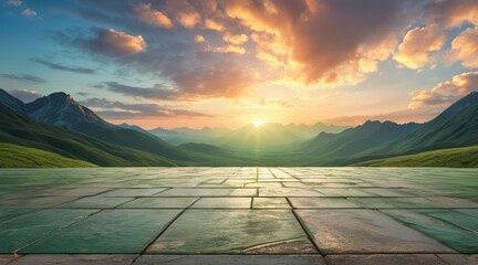 Sticker - Empty square floor and green mountain with sky clouds at sunset. Panoramic view, adorned with wispy clouds, forming a captivating panoramic tableau of nature's beauty