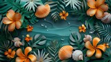 Fototapeta Panele - Seashell 3d handmade style framed by tropical foliage, colorful