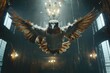 Breathtaking landscape of the Rocky Mountains at sunrise, pigeon mid-flight, wings splayed, amidst a grand, dark hall with gleaming chandeliers, exuding an aura of freedom and grace.