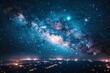 Dazzling view of the Milky Way galaxy over glistening city lights, showcasing the contrast between the cosmos and urban life
