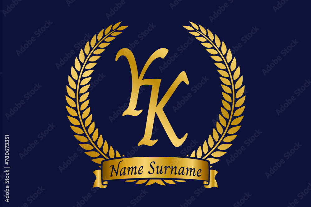 Initial letter Y and K, YK monogram logo design with laurel wreath ...