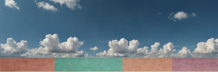 Wall Mural - plain light colorful pastel concrete wall background with white puffy clouds panoramic wide angle view from Generative AI