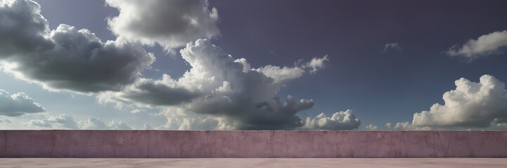 Wall Mural - plain light purple pastel concrete wall background with white puffy clouds panoramic wide angle view from Generative AI