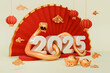 Snake is a symbol of the 2025 Chinese New Year. 3d render illustration of Snake writhing around the numbers 2025, gold ingot Yuan Bao, chinese lantern, coins. Zodiac Sign Snake, concept lunar calendar