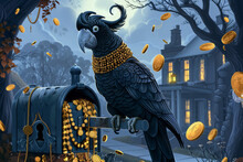 A Black Parrot Is Perched On A Mailbox With A Gold Necklace Around Its Neck