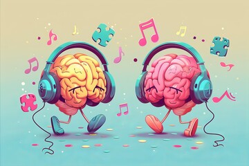 Two adorable brain characters with headphones enjoying classical music, illustrating brain stimulation on a playful background